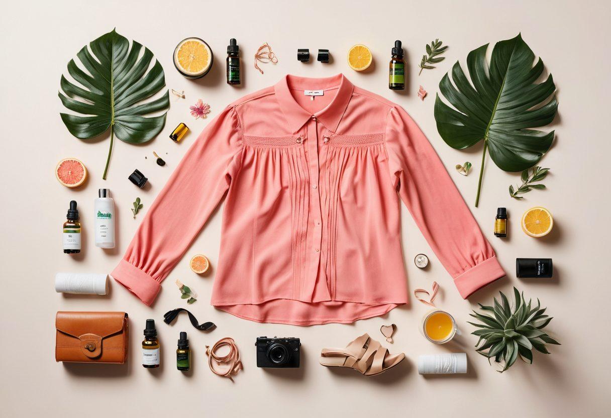 A stylishly arranged flat lay featuring fashionable clothing items, wellness products like essential oils and yoga mats, and entertainment elements such as music notes and film reels. The background should be a soft pastel color to create a calming yet lively vibe. Include subtle textures to evoke a sense of personalization and lifestyle. super-realistic. vibrant colors. white background.