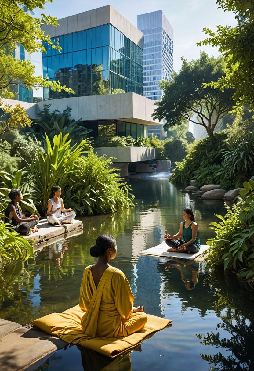A serene landscape depicting various people from different cultures engaged in reflection and personal growth activities, like meditation and reading. The setting transitions from a bustling city to a tranquil nature scene, showcasing a blend of modern and traditional elements. Bright sunlight highlights their expressions of enlightenment and serenity, symbolizing the journey of self-improvement. Incorporate vibrant colors and harmonious elements representing cultural diversity. vibrant colors. super-realistic.