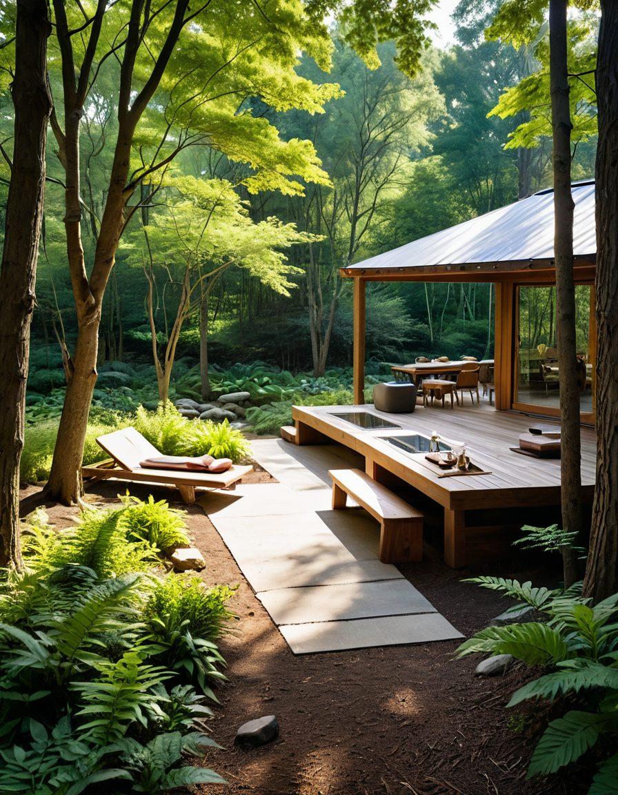 A serene landscape depicting a winding path through a vibrant forest, symbolizing life's journey, featuring diverse individuals engaging in various lifestyle activities like yoga, cooking, and reading. Incorporate elements of modern living, such as sleek technology and eco-friendly practices. Bright colors and an uplifting atmosphere to evoke a sense of exploration and inspiration. vibrant colors. painting.